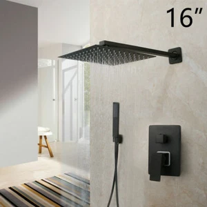 16" Sqaure Black Rainfall Shower Head 2-Way Mixer Valve Hand Shower Faucet Set - Picture 1 of 12