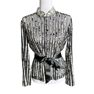 Blusa Victor Costa Vintage Rayas Transparentes Manga Larga Cremallera Frontal Cinturón Satinado 14 Foto 1 de 4