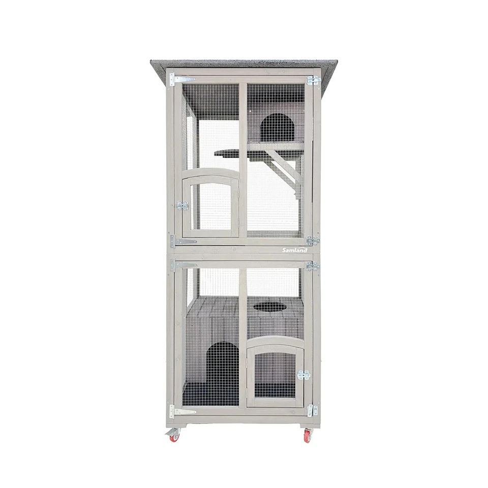 Samland Outdoor Wooden Cat Enclosure Catio with Wheels, Double Cat Houses & Roof - image 1 of 4