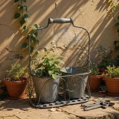 Double 2 Pot Metal Plant Stand Flower Display Rack Shelf Indoor & Outdoor - Image 1 of 3