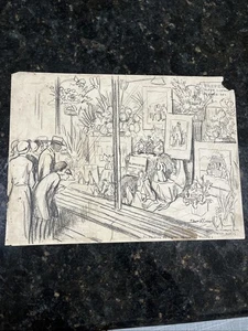 Vintage Art 1900’s Hand Sketch Pencil Drawing Of Store Front Window Floral Dolls - Picture 1 of 3
