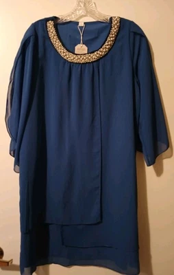 Made With Love Royal Blue Midi Sheath Dress Pearl Beaded Collar Bling NWT - Image 1 of 4