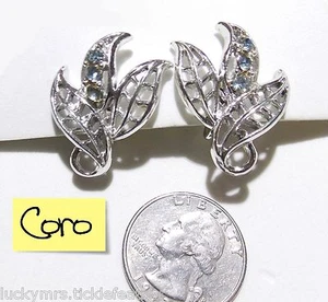 Vintage Signed CORO Screw Earrings, 3 Openwork Leaf & Aqua Blue Rhinestones, ST - Picture 1 of 2
