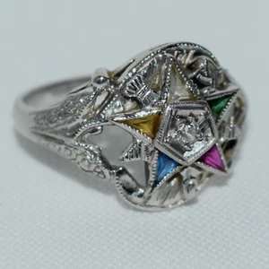 14k White Gold Order of the Eastern Star Masonic Diamond & Multi Gemstone Ring - Picture 1 of 14