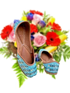 Women ethnic Punjabi Wedding Jutti mojari Bellies US size 5-10 floral blue flat - Picture 1 of 7