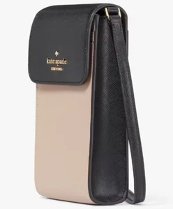 Kate Spade Madison Black Beige Leather Flap Phone Crossbody Bag KC512 Purse NWT - Picture 1 of 6