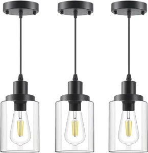 Industrial Pendant Lights, Modern Clear Glass Shade Pendant Lighting, Black Pend - Picture 1 of 7