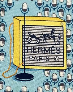HERMES 646108 FA light blue "microphone" Pattern silk Tie New with defect