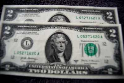 Two $2 Bills Fancy Serial #s-Mayflower 1620, 1st Thanksgiving 1621 Am History - Image 1 of 4