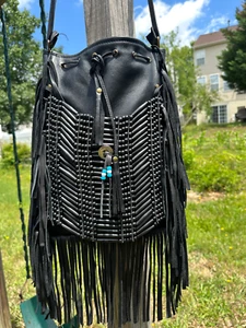 Genuine Cowhide Leather Fringe Tote Bag Black Western Style Boho Crossbody Purse - Picture 1 of 9