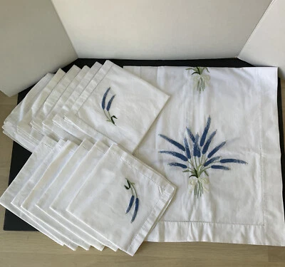 Vintage Table Runner & 12 Napkins Floral Punch Needle Satin Stitch Embroidery - Image 1 of 4