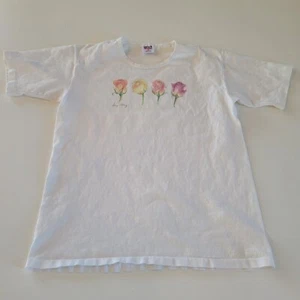 Vintage Anvil White T Shirt Womens Size Medium Made in USA Roses Single Stitch - Picture 1 of 10