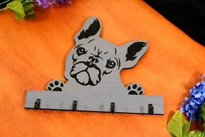 French Bulldog Peeking Key Ring Holder, Leash Holder, Wooden Key Ring Holder - Picture 1 of 7