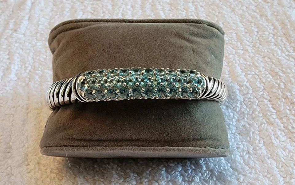 BLUE DIAMONIQUE CZ STAINLESS STEEL HINGED CUFF BRACELET - Image 1 of 4