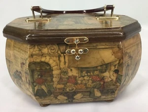 Borsa vintage anni 70 Anton Pieck decoupage in legno firmata Lucille Morton - Foto 1 di 12