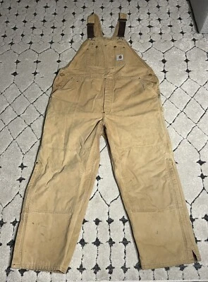 Vintage Carhartt Brown Insulated Bib Overalls Red Quilt Lined Double Knee USA - Image 1 of 4
