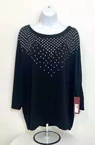 Women's LOVE SCARLET T Black Top 3/4 Sleeve Shirt Blouse w/Rhinestones Sz 2X NWT - Picture 1 of 5