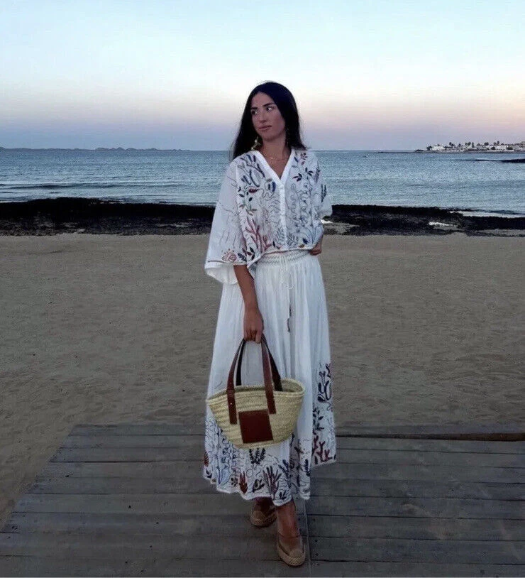 NUEVO CON ETIQUETAS ZARA Falda Larga Algodón con Bordado Sea Life Crudo Blanco 5107/050 XS L XL Foto 1 de 1