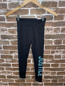 NEW JUSTICE GIRLS SIZE 7 BLACK FULL LENGTH LEGGINGS BLUE GLITTER LOGO LEGGING - Picture 1 of 2