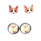 Two Pairs Vintage Cat Design Glass Cabochon Stud Earrings Gift Idea ??