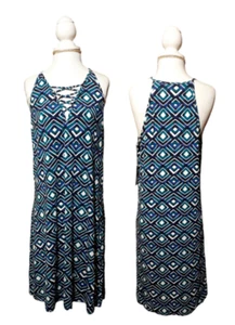 Tart Women's Sleeveless Dress Blue Green V Neck Summer Vacation Geometric Medium - Picture 1 of 9