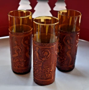3 ~ AMBER Highball Glass TOOLED LEATHER HOLDERS Spanish Motif Flamenco Dancers - Picture 1 of 9
