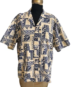 Camisa Hawaiana Ho Aloha Para Hombre Talla L 100% Algodón Tiki Azul y Beige - Imagen 1 de 6