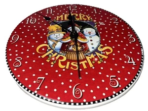 New Mary Engelbreit Ceramic Hanging Wall Clock Merry Christmas Santa Snowmen - Picture 1 of 4