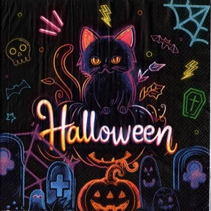 Paquet 20 serviettes papier chat Halloween néon. Pack 20 napkins cat Halloween - Picture 1 of 1