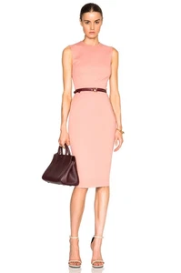 Victoria Beckham Blush Sleeveless Fitted Dress Burgundy Belt SZ  10 NWT $1850 - Picture 1 of 7