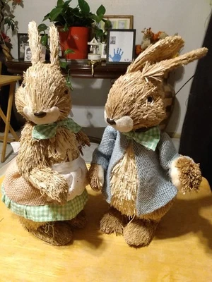 2 Easter Sisal Dressed Free Standing Boy and Girl Bunny Rabbits 12" VGC- Damaged - Image 1 of 3