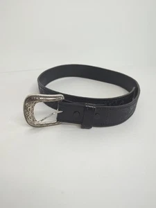 Chivis Tooled Leather Belt Size 28 Black Floral Mexico Buckle - Picture 1 of 8