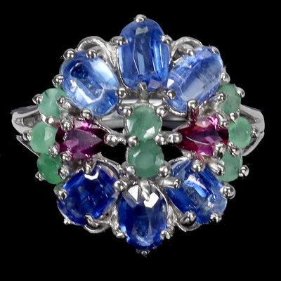 Anillo de plata de ley 925 ovalado cianita 6x4 mm esmeralda rodolita piedras preciosas tamaño 9 Foto 1 de 4