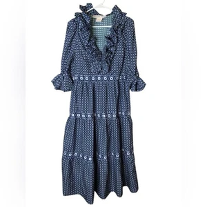 Gretchen Scott Posh Foulard gefüttertes Midi Maxikleid Gr. M Stufen Rüschen Taschen - Bild 1 von 7