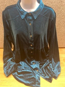 Umgee Plus XL Teal Velvet Button Up Shirt Babydoll Western Yoke Long Sleeve - Picture 1 of 10