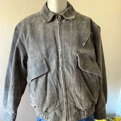 Gray Vintage Distressed Leather Bomber Jacket - Image 1 of 4