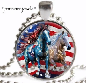 Horses Patriotic Necklace American Flag July 4th Gift Silver Charm Pendant - Picture 1 of 13