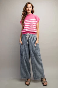ee:some Boutique Stone Washed Pinstriped Wide Leg Pants in Denim Size XL - Picture 1 of 12