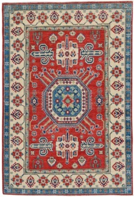 Geometric Super Kazak Hand-Knotted Oriental Area Rug Vegetable Dye Carpet 4x6 - Image 1 of 4