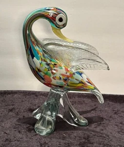 Handgefertigte Kunst Glas Ente Schwan rot, türkis, blau gelb ~ Murano Stil ~ 9-1/2" - Bild 1 von 3