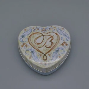 "B" Brighton Litho Tin Heart Shaped Box Metal Lid Floral Scroll Tan Blue 3.75" - Picture 1 of 13