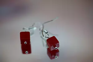 Vintage Sterling Silver 925 Earrings Drop Dangle Red Natural Stone Coral 1,29g - Picture 1 of 9