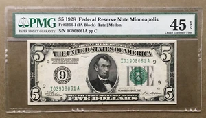 1928 $5 FRN MINNEAPOLIS FR 1950-I PMG 45 EPQ Ser# I 03908061 A - Picture 1 of 3