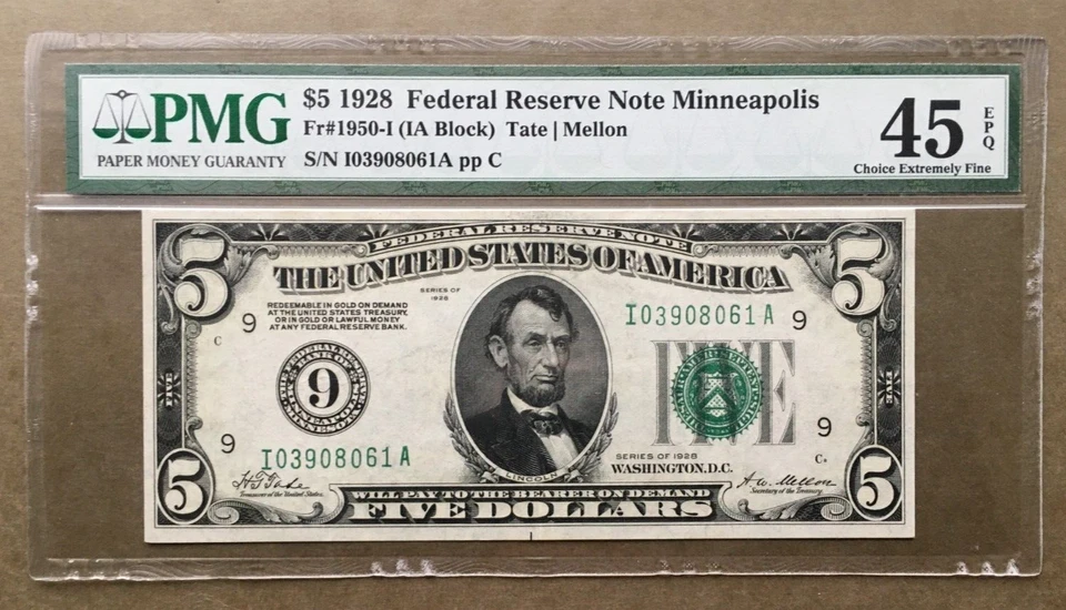 1928  $5 FRN  MINNEAPOLIS  FR 1950-I   PMG 45 EPQ  Ser# I 03908061 A - Image 1 of 3