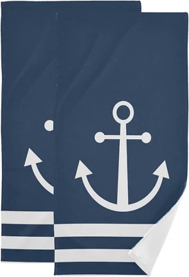 Nautical Navy Blue White Hand Towels for Bathroom,Anchor Tropical Ocean Bath Tow - Image 1 of 4