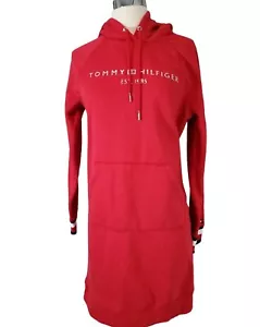 Nwt Tommy Hilfiger Womans Sz S Hooded Sweatshirt Dress Red Kangaroo Pocket Logo - Picture 1 of 12