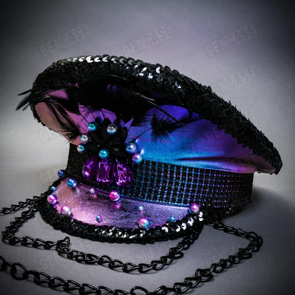 Gorra Capitán Steampunk púrpura y azul con diamantes de imitación para Burning Man Music Festival Foto 1 de 4