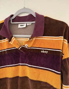 OBEY brown and orange Womens Crop Long Sleeve Polo Shirt Size XL - Picture 1 of 3