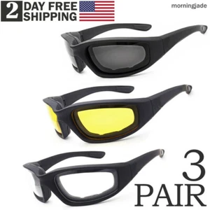 3 Pair Chopper Riding Motorcycle Glasses Clear Smoke Yellow, Padded, Comfortable - Picture 1 of 12