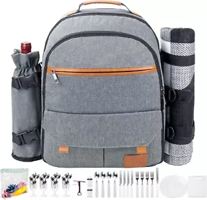 Gray Picnic Backpack Kit Detachable Bottle Cooler Blanket Flatware Set for 4 - Picture 1 of 8